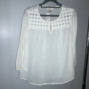 Loft Petites cotton boho eyelet lace yoke top Sz XSP 3/4 sleeves lightweight New